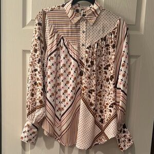 Free People Patchwork Floral Boho Blouse Button Front Long Sleeve XS